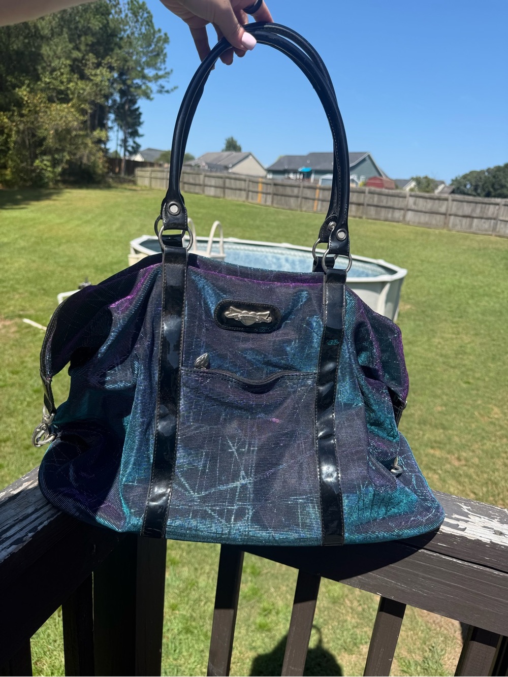 Kathy Van Zeeland Iridescent Teal Purple Shoulder Bag with Black Trim